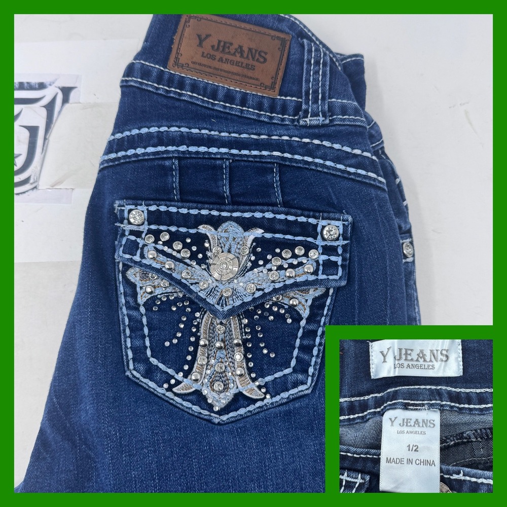 Y Jeans Los Angeles Womens Jeans Size 1/2 Embellished Cross‎ High Waist Flare